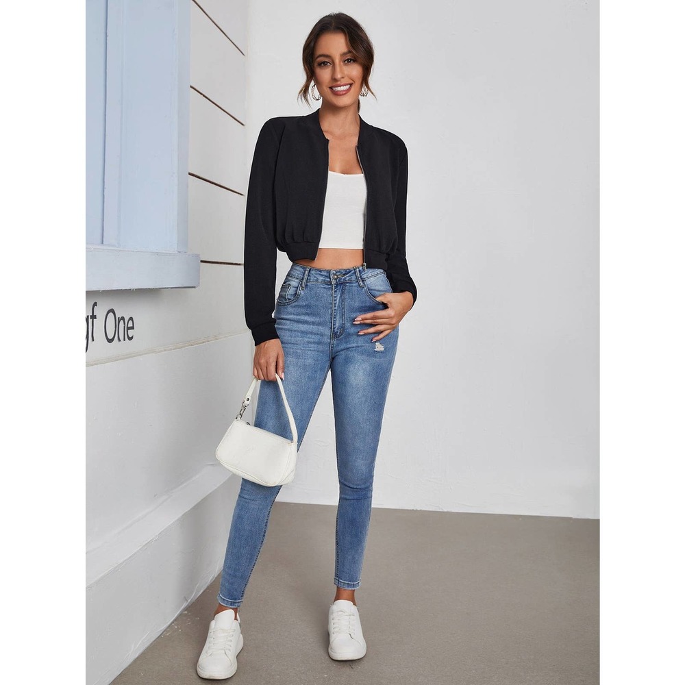 Zip Up Crop Bomber Jacket white 💙 - Picture 7 of 11